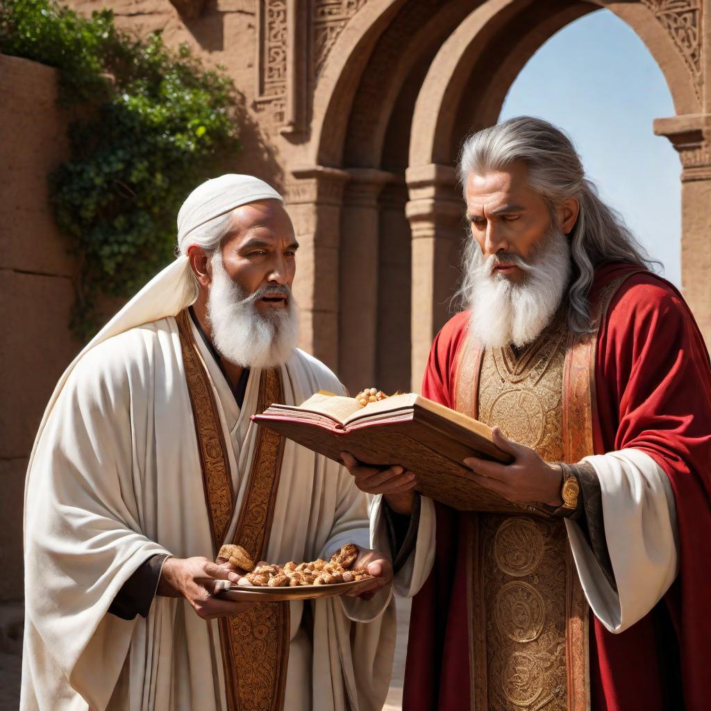  A representation of a man receiving a scroll from a divine being. The man opens his mouth as the divine being feeds him the scroll, instructing him to eat it. The scene should convey a sense of enlightenment and sweetness as the man consumes the scroll, as described in Ezekiel 3:1-3 NLT. hyperrealistic, full body, detailed clothing, highly detailed, cinematic lighting, stunningly beautiful, intricate, sharp focus, f/1. 8, 85mm, (centered image composition), (professionally color graded), ((bright soft diffused light)), volumetric fog, trending on instagram, trending on tumblr, HDR 4K, 8K