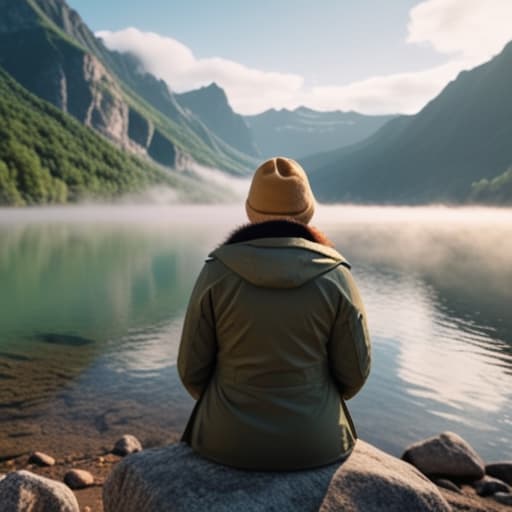  beautiful lake, on top of a mountain hyperrealistic, full body, detailed clothing, highly detailed, cinematic lighting, stunningly beautiful, intricate, sharp focus, f/1. 8, 85mm, (centered image composition), (professionally color graded), ((bright soft diffused light)), volumetric fog, trending on instagram, trending on tumblr, HDR 4K, 8K