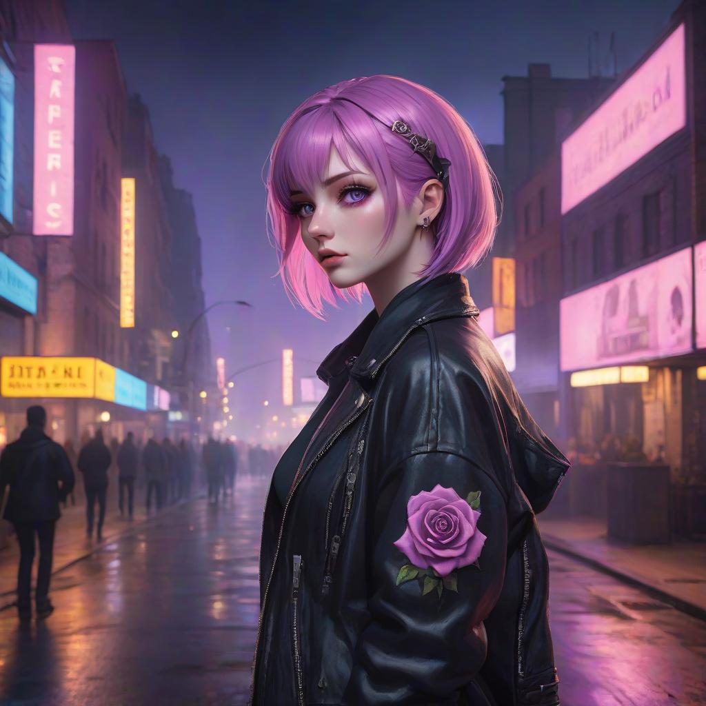  A girl with rose colored hair and violet eyes, dressed in the grunge style, thoughtfully listens to post punk music, gazing into the distance in a city at night. hyperrealistic, full body, detailed clothing, highly detailed, cinematic lighting, stunningly beautiful, intricate, sharp focus, f/1. 8, 85mm, (centered image composition), (professionally color graded), ((bright soft diffused light)), volumetric fog, trending on instagram, trending on tumblr, HDR 4K, 8K