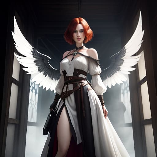  Portrait from the waist. Short with large snow white wings growing from her shoulders, folded behind her back. Reddish hair, hairdo is a bob cut. Small s. Large round gles on the nose, a naive expression on her face with a big smile. Her face is round shaped. She leans on a stick with a tel in the shape of a Catholic cross. A tattered leather bag hangs from her shoulder. The is dressed in a closed white black loose dress. She is standing inside a building, behind a stained gl window with a fantasy theme. Fantasy style. hyperrealistic, full body, detailed clothing, highly detailed, cinematic lighting, stunningly beautiful, intricate, sharp focus, f/1. 8, 85mm, (centered image composition), (professionally color graded), ((bright soft diffused light)), volumetric fog, trending on instagram, trending on tumblr, HDR 4K, 8K