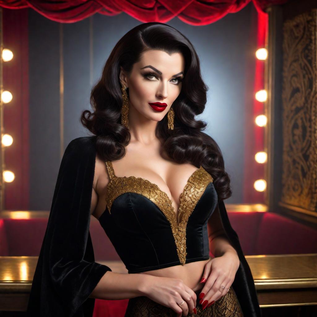  A stunning burlesque dancer in the style of Betty Paige and Norma Jean, with a snarl Mona Lisa smile on her face. She has wavy dark hair, red lipstick, and is dressed in a glamorous black and gold outfit. The background features a vintage keyhole, adding an air of mystery and allure. The scene is set in a 1950s vintage nightclub, with velvet curtains and dim, warm lighting. hyperrealistic, full body, detailed clothing, highly detailed, cinematic lighting, stunningly beautiful, intricate, sharp focus, f/1. 8, 85mm, (centered image composition), (professionally color graded), ((bright soft diffused light)), volumetric fog, trending on instagram, trending on tumblr, HDR 4K, 8K