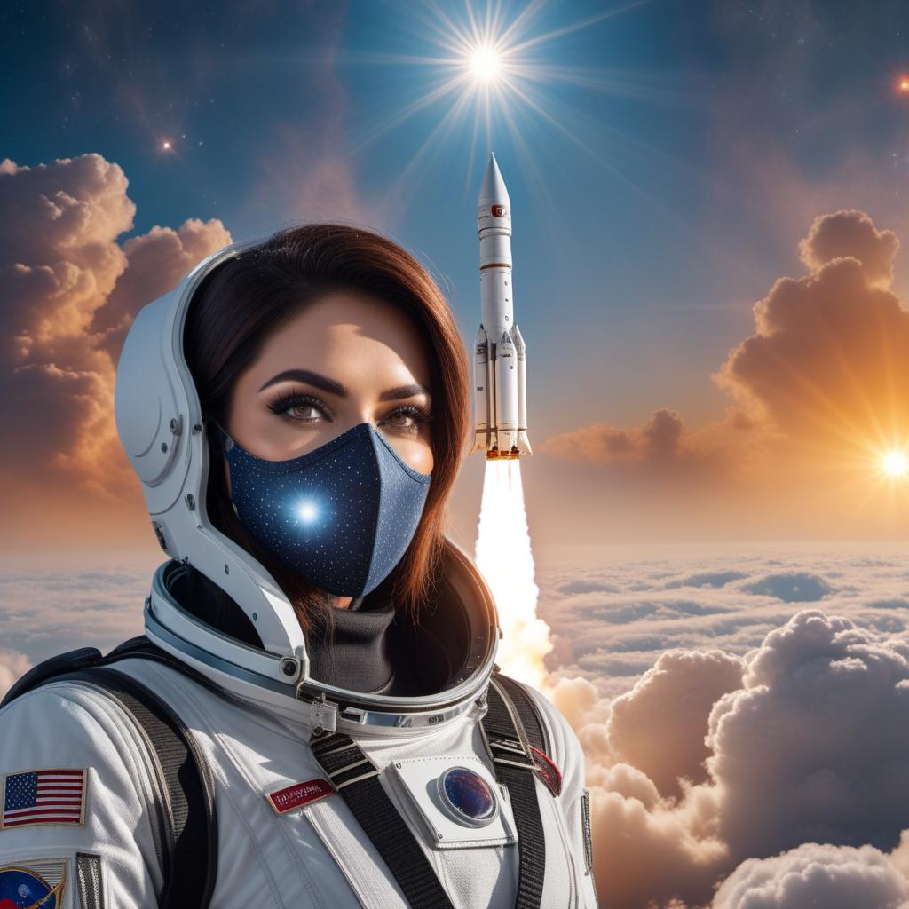  Apply the face from the first image (a person with a unique mask) onto the second image (a rocket in space with sun rays). hyperrealistic, full body, detailed clothing, highly detailed, cinematic lighting, stunningly beautiful, intricate, sharp focus, f/1. 8, 85mm, (centered image composition), (professionally color graded), ((bright soft diffused light)), volumetric fog, trending on instagram, trending on tumblr, HDR 4K, 8K