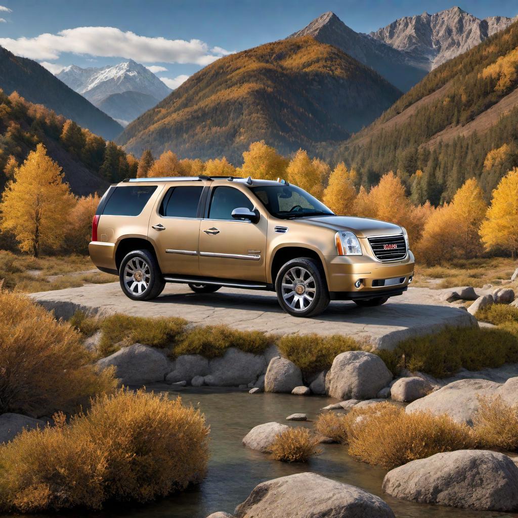  2008 GMC Yukon Denali in gold/brown color, parked in a scenic location with a mountainous background, under a clear blue sky hyperrealistic, full body, detailed clothing, highly detailed, cinematic lighting, stunningly beautiful, intricate, sharp focus, f/1. 8, 85mm, (centered image composition), (professionally color graded), ((bright soft diffused light)), volumetric fog, trending on instagram, trending on tumblr, HDR 4K, 8K