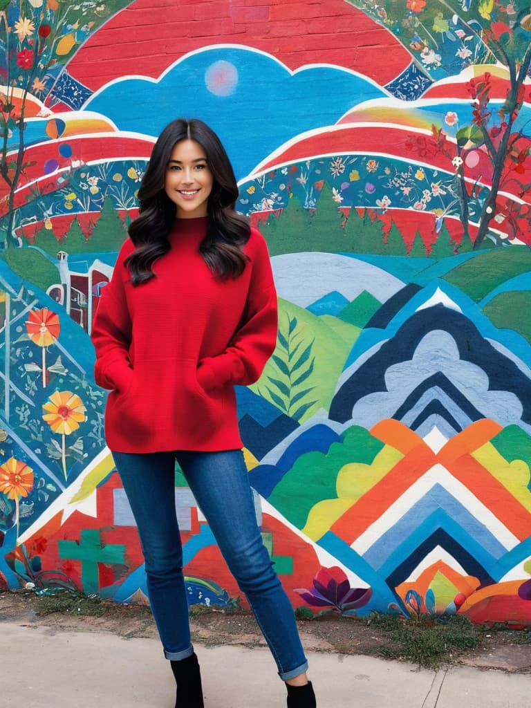  A person with long dark hair wearing a red sweater and blue jeans, standing in front of a colorful mural.