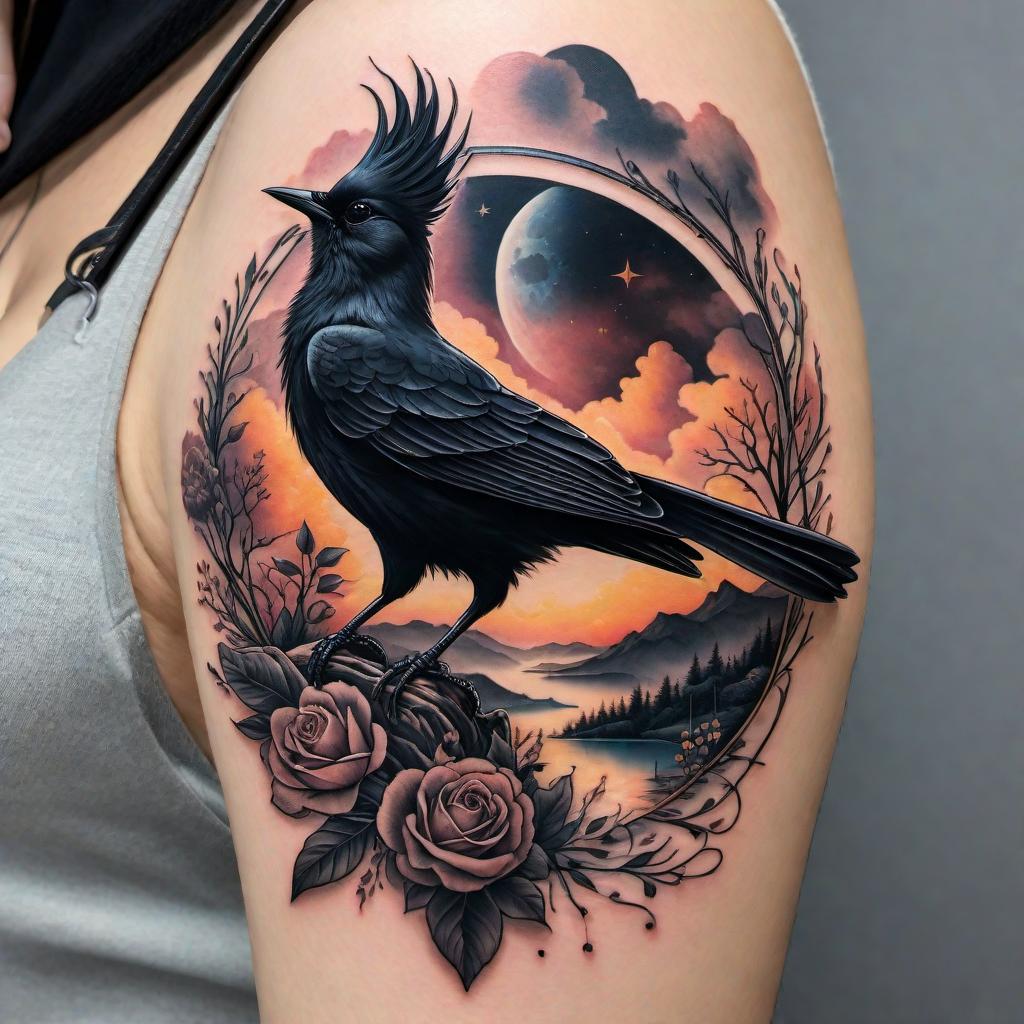  A tattoo design with the quote 'Everything we see or seem is but a dream within a dream.' The art is very illuminating and ethereal with a black bird, clouds, and a moon. The design should have a dreamy and mystical feel. hyperrealistic, full body, detailed clothing, highly detailed, cinematic lighting, stunningly beautiful, intricate, sharp focus, f/1. 8, 85mm, (centered image composition), (professionally color graded), ((bright soft diffused light)), volumetric fog, trending on instagram, trending on tumblr, HDR 4K, 8K