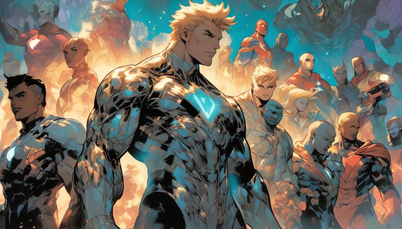  hyperrealism,fantasy aesthetic1man, attractive blonde male humanoid, surrounded by a group of diverse humanoids, all holding hands, celestial background, serene uplifting mood, high tech clothing clad in sleek, futuristic costume with metallic accents and form fitting designs, marvel superhero comics style, unreal engine rendering