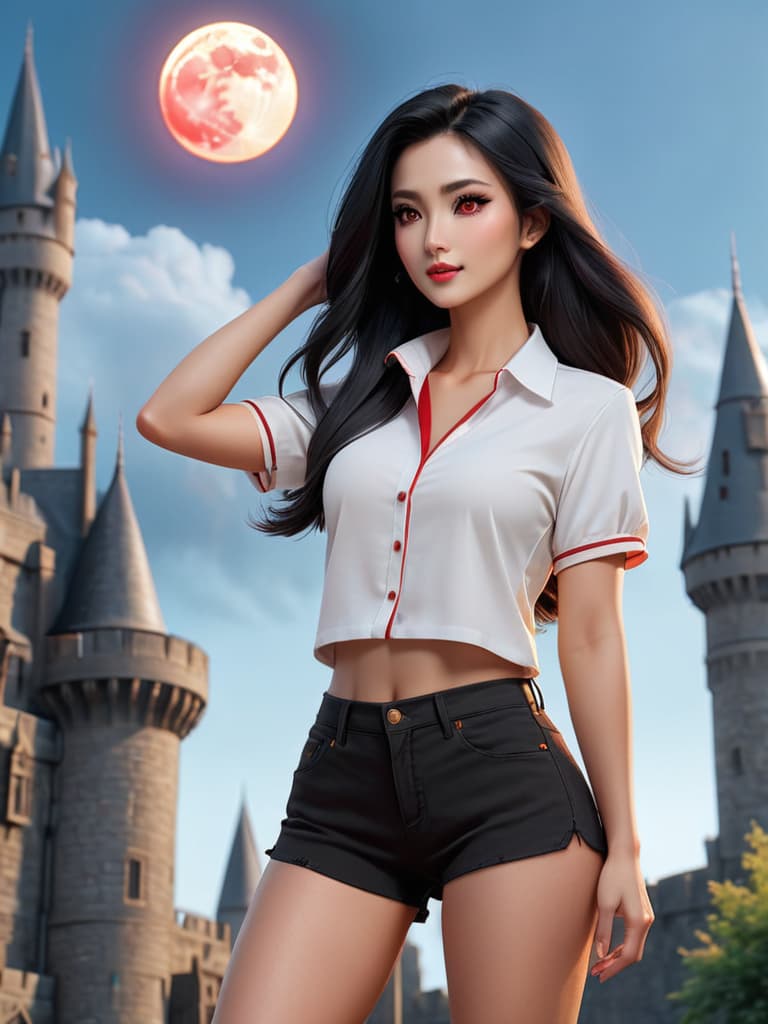  score 9, score 8 up, score 7 up, detailed, black hair, long hair, red eyes, white shirt, short shorts, black shorts, cloud, moon, full moon, Hogwarts, castle hill, night sky, street, shooting star, looking at viewer, blush, light smile, closed mouth, strong pose, (mature female:0.65), v, hand up, clenched hand, hyperrealistic, full body, detailed clothing, highly detailed, cinematic lighting, stunningly beautiful, intricate, sharp focus, f/1. 8, 85mm, (centered image composition), (professionally color graded), ((bright soft diffused light)), volumetric fog, trending on instagram, trending on tumblr, HDR 4K, 8K