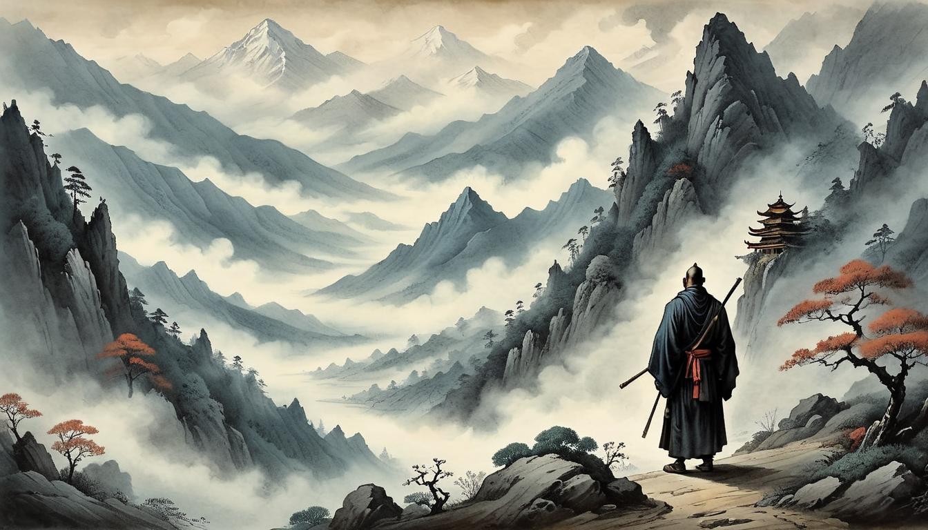  on parchment, surrealism+++, Cloaked figures ascending rugged, mist covered mountains, Japanese landscape, monks' determined gaze, solitude, rigorous training(mysterious, provocative, symbolic,muted color)+++