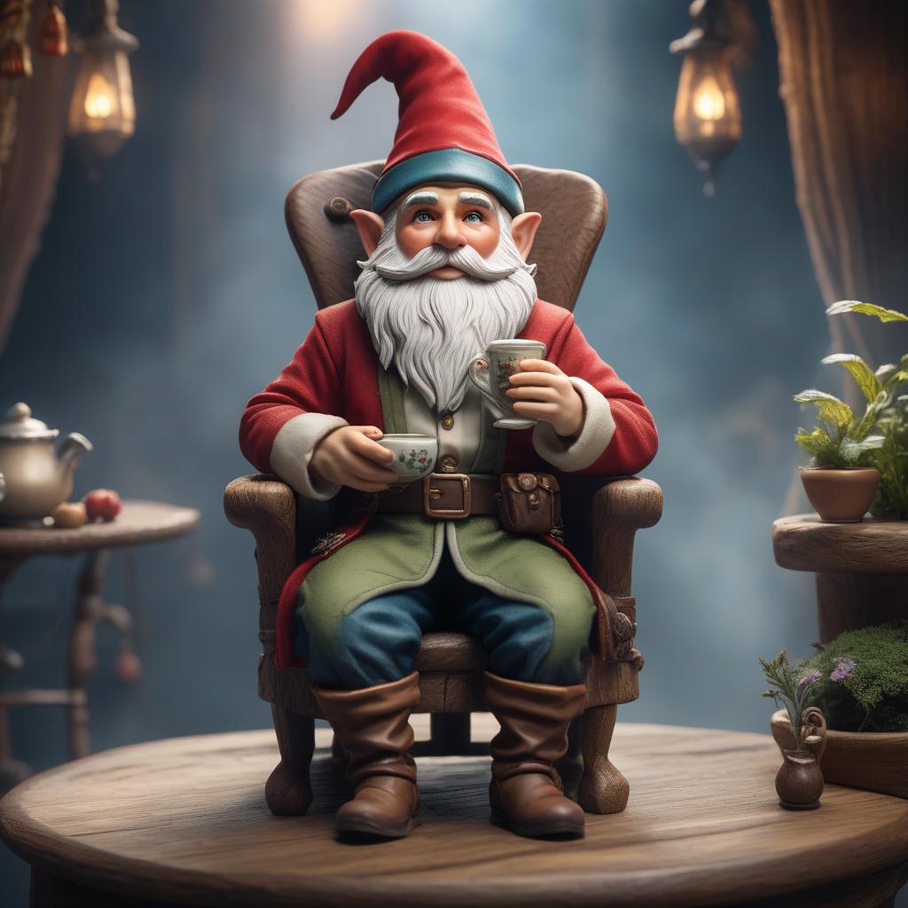  A little gnome drinks tea sitting in a chair hyperrealistic, full body, detailed clothing, highly detailed, cinematic lighting, stunningly beautiful, intricate, sharp focus, f/1. 8, 85mm, (centered image composition), (professionally color graded), ((bright soft diffused light)), volumetric fog, trending on instagram, trending on tumblr, HDR 4K, 8K