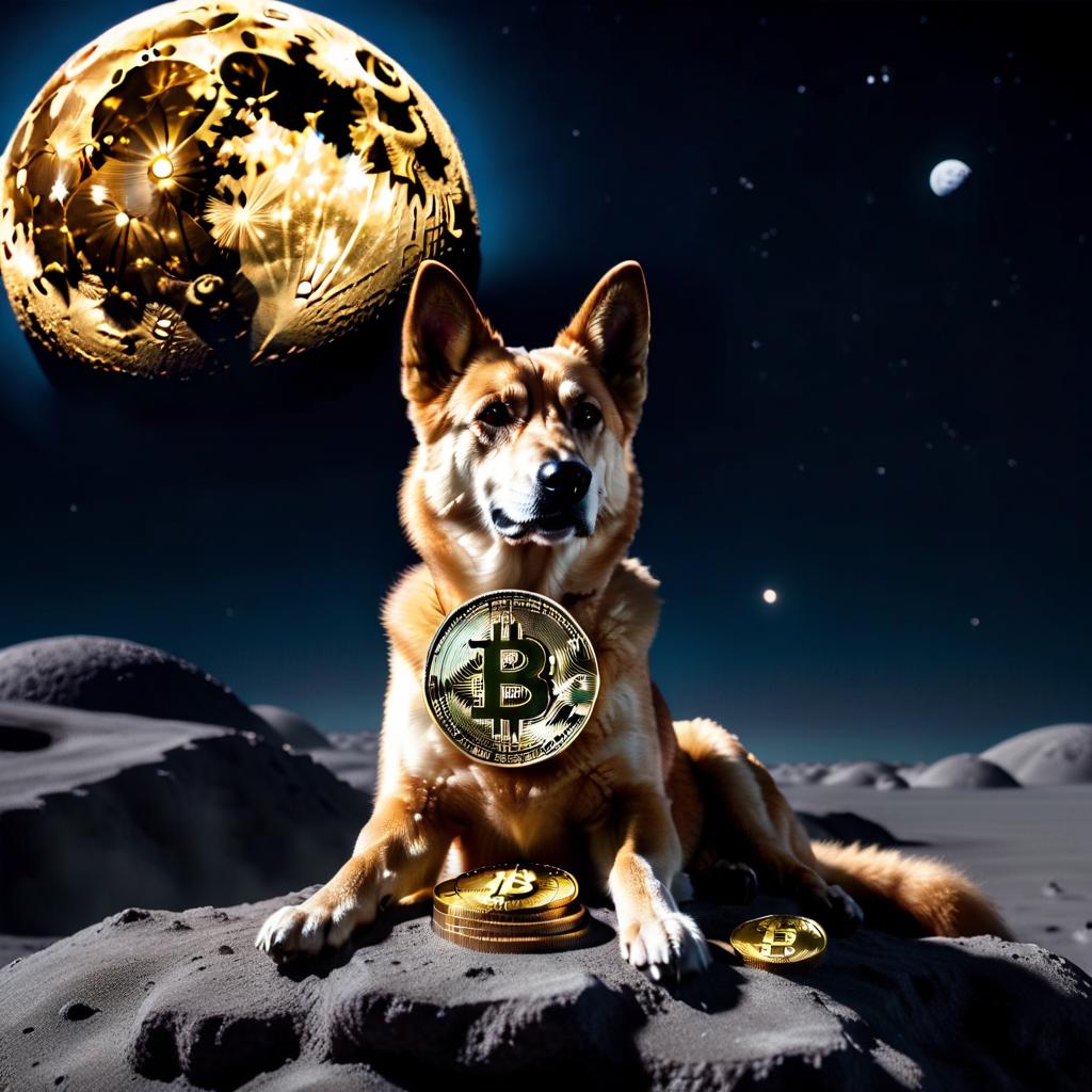  A Dobman dog with a pile of Bitcoins on a moon background. Write "ego crypto" below. hyperrealistic, full body, detailed clothing, highly detailed, cinematic lighting, stunningly beautiful, intricate, sharp focus, f/1. 8, 85mm, (centered image composition), (professionally color graded), ((bright soft diffused light)), volumetric fog, trending on instagram, trending on tumblr, HDR 4K, 8K