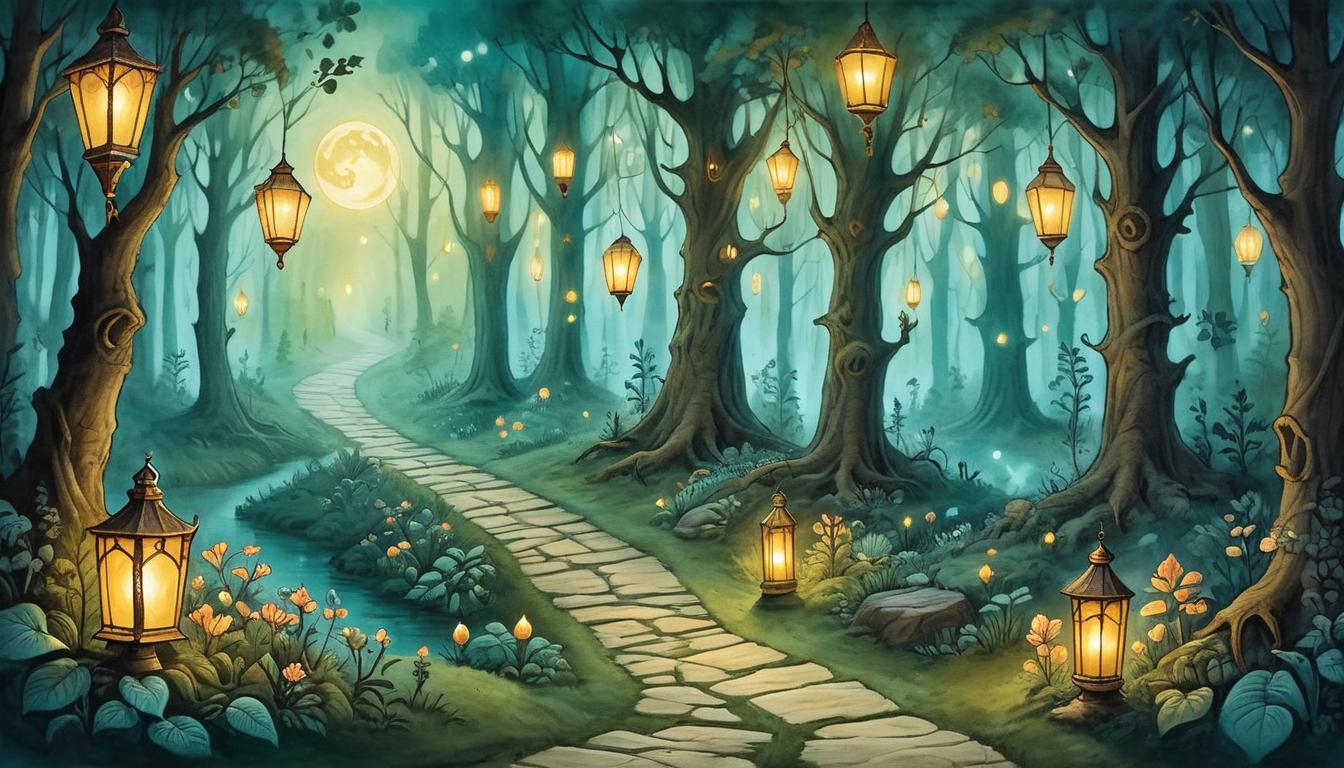  on parchment, surrealism+++, Pathway illuminated by glowing lanterns, leading through an enchanted forest, atmosphere of magic and new beginnings, journey filled with light and discovery, hopeful, adventurous(mysterious, provocative, symbolic,muted color)+++