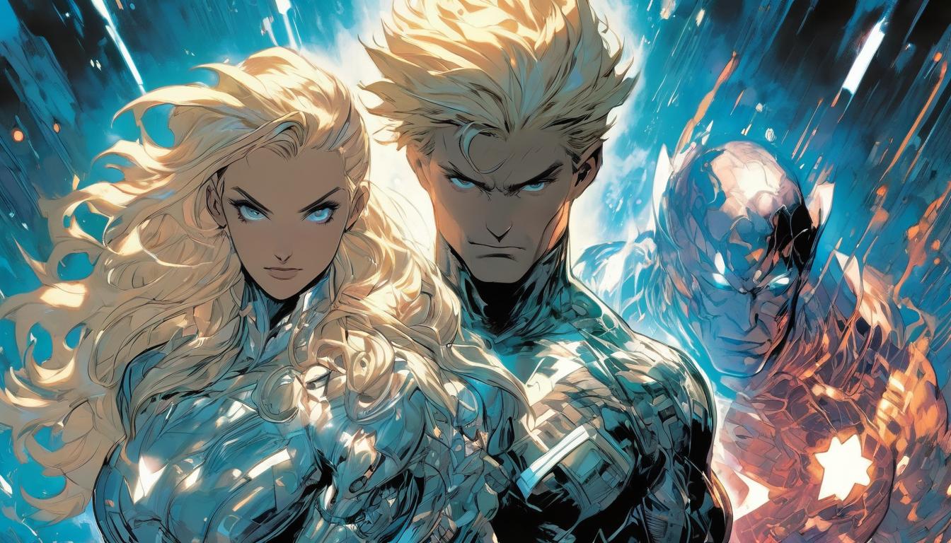  hyperrealism,fantasy aesthetic1woman1man, large busted attractive blonde arian female humanoid and handsome brunette male humanoid, Earth’s energetic grid illuminated, ley lines and vortexes, high tech clothing clad in sleek, futuristic costume with metallic accents and form fitting designs, marvel superhero comics style, unreal engine rendering