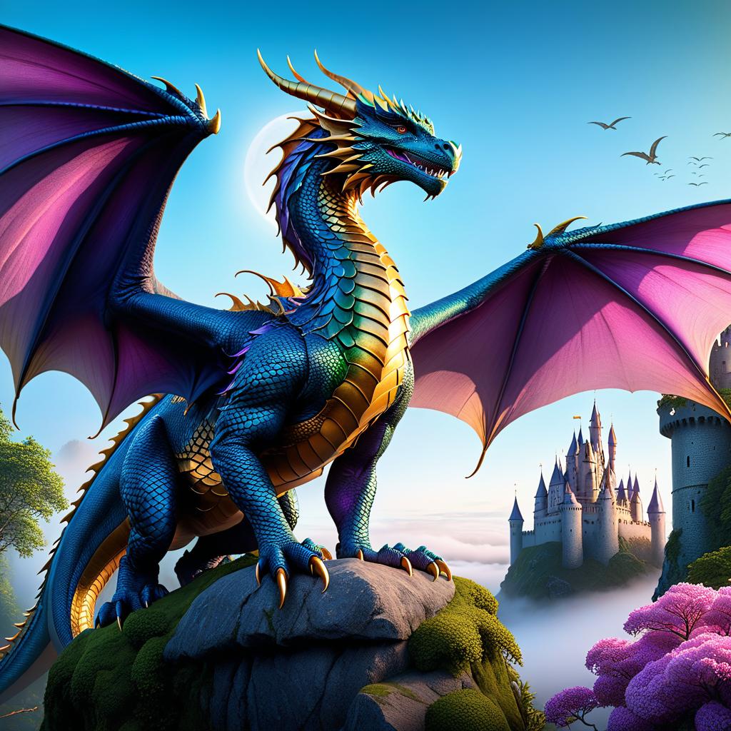  ethereal fantasy concept art of (Background): Blue sky. In the sky there is a green island. A castle with a scaly roof rises in the centre of the island. A large dragon is curled around the castle. He is its caring guardian. Foreground. (Dragon):Appearance: a peacefully slumbering dragon, hugging the castle with its wings. (Colour of scales and wings):blue, smoothly passing to pink violet wings with golden scales on the end. . magnificent, celestial, ethereal, painterly, epic, majestic, magical, fantasy art, cover art, dreamy hyperrealistic, full body, detailed clothing, highly detailed, cinematic lighting, stunningly beautiful, intricate, sharp focus, f/1. 8, 85mm, (centered image composition), (professionally color graded), ((bright soft diffused light)), volumetric fog, trending on instagram, trending on tumblr, HDR 4K, 8K