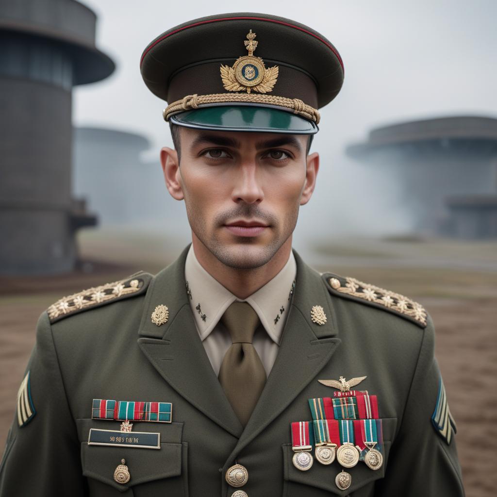  A realistic portrait of a person resembling the face in the provided image, dressed as a team captain in the army. The person wears a military uniform with captain's insignia, standing confidently. The background is set in a military base or a dramatic battlefield. hyperrealistic, full body, detailed clothing, highly detailed, cinematic lighting, stunningly beautiful, intricate, sharp focus, f/1. 8, 85mm, (centered image composition), (professionally color graded), ((bright soft diffused light)), volumetric fog, trending on instagram, trending on tumblr, HDR 4K, 8K