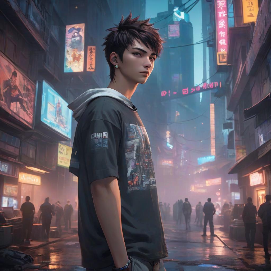  cyberpunk cityscape A boy, a gamer, wearing a T shirt with the inscription KIFIR GAMES in English. Комментарии (comments): Кто то: Этот парень шел по улице и рекламировал свою компанию. Другой: Нет, я думаю, это его лайфхак для игр. Третий: Или возможно это его лайфхак для самоизмедления. Transcript: Person 1: This guy was walking down the street and advertising his company. Person 2: I don't think so, I think this is his hack for playing games. Person 3: Maybe it's his hack for self degradation. Note: "КIFIR GAMES" is just an example of a name of a gaming company. Комментар hyperrealistic, full body, detailed clothing, highly detailed, cinematic lighting, stunningly beautiful, intricate, sharp focus, f/1. 8, 85mm, (centered image composition), (professionally color graded), ((bright soft diffused light)), volumetric fog, trending on instagram, trending on tumblr, HDR 4K, 8K