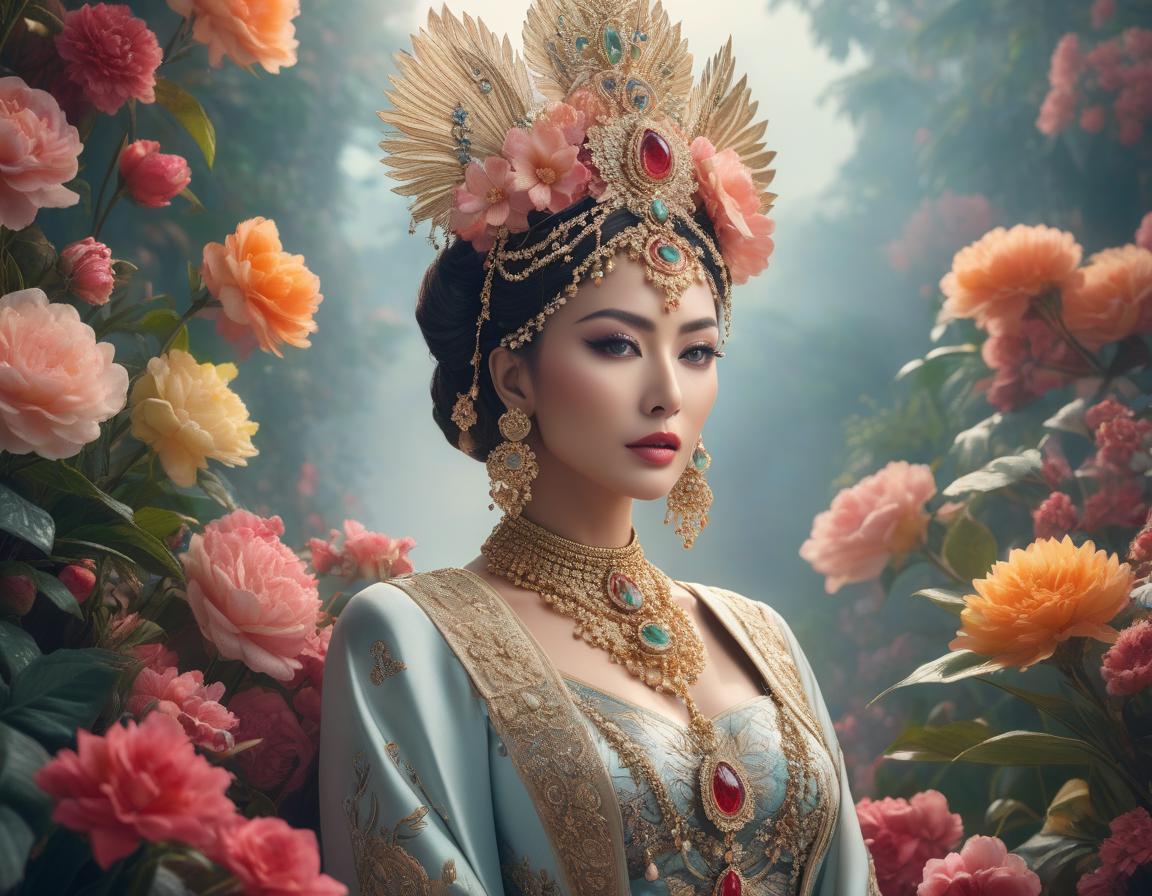  A woman adorned in elaborate traditional jewelry and attire, set against a floral background with a regal aura Analog photo graceful dada absurdity surreal, trending on artstation, sharp focus, studio photo, intricate details, highly detailed. hyperrealistic, full body, detailed clothing, highly detailed, cinematic lighting, stunningly beautiful, intricate, sharp focus, f/1. 8, 85mm, (centered image composition), (professionally color graded), ((bright soft diffused light)), volumetric fog, trending on instagram, trending on tumblr, HDR 4K, 8K