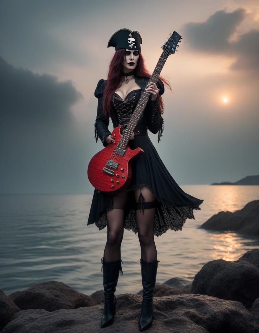  horror themed A sexual gothic girl pirate with an electric guitar on the sea. . eerie, unsettling, dark, spooky, suspenseful, grim, highly detailed hyperrealistic, full body, detailed clothing, highly detailed, cinematic lighting, stunningly beautiful, intricate, sharp focus, f/1. 8, 85mm, (centered image composition), (professionally color graded), ((bright soft diffused light)), volumetric fog, trending on instagram, trending on tumblr, HDR 4K, 8K