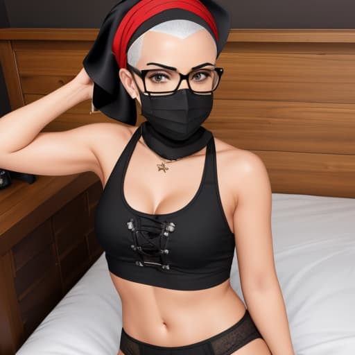  Shaved head, black mask, boyish, wearing pirate bandana, summer, getting out of bed, small glasses, woman, pop.