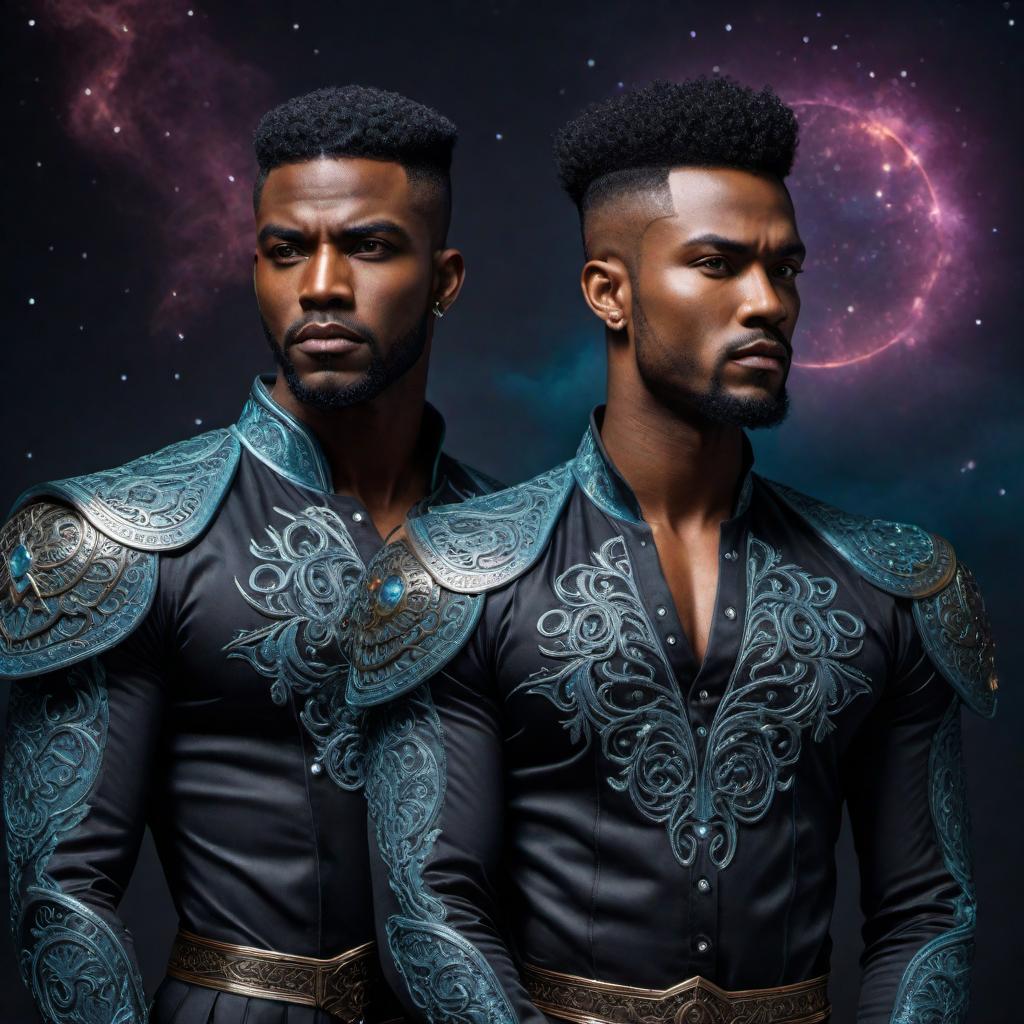  Angry black male twins in lofi fantasy style, Gemini zodiac, intense expressions, dark moody background, vibrant colors, celestial elements, intricate details. hyperrealistic, full body, detailed clothing, highly detailed, cinematic lighting, stunningly beautiful, intricate, sharp focus, f/1. 8, 85mm, (centered image composition), (professionally color graded), ((bright soft diffused light)), volumetric fog, trending on instagram, trending on tumblr, HDR 4K, 8K