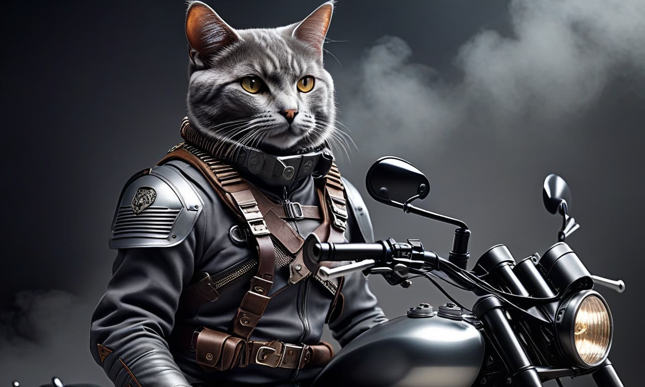  A gray cat tabaxi with scars on its face, wearing a pilot's helmet and a machine gun bandolier on its shoulder, sits on a motorcycle. hyperrealistic, full body, detailed clothing, highly detailed, cinematic lighting, stunningly beautiful, intricate, sharp focus, f/1. 8, 85mm, (centered image composition), (professionally color graded), ((bright soft diffused light)), volumetric fog, trending on instagram, trending on tumblr, HDR 4K, 8K