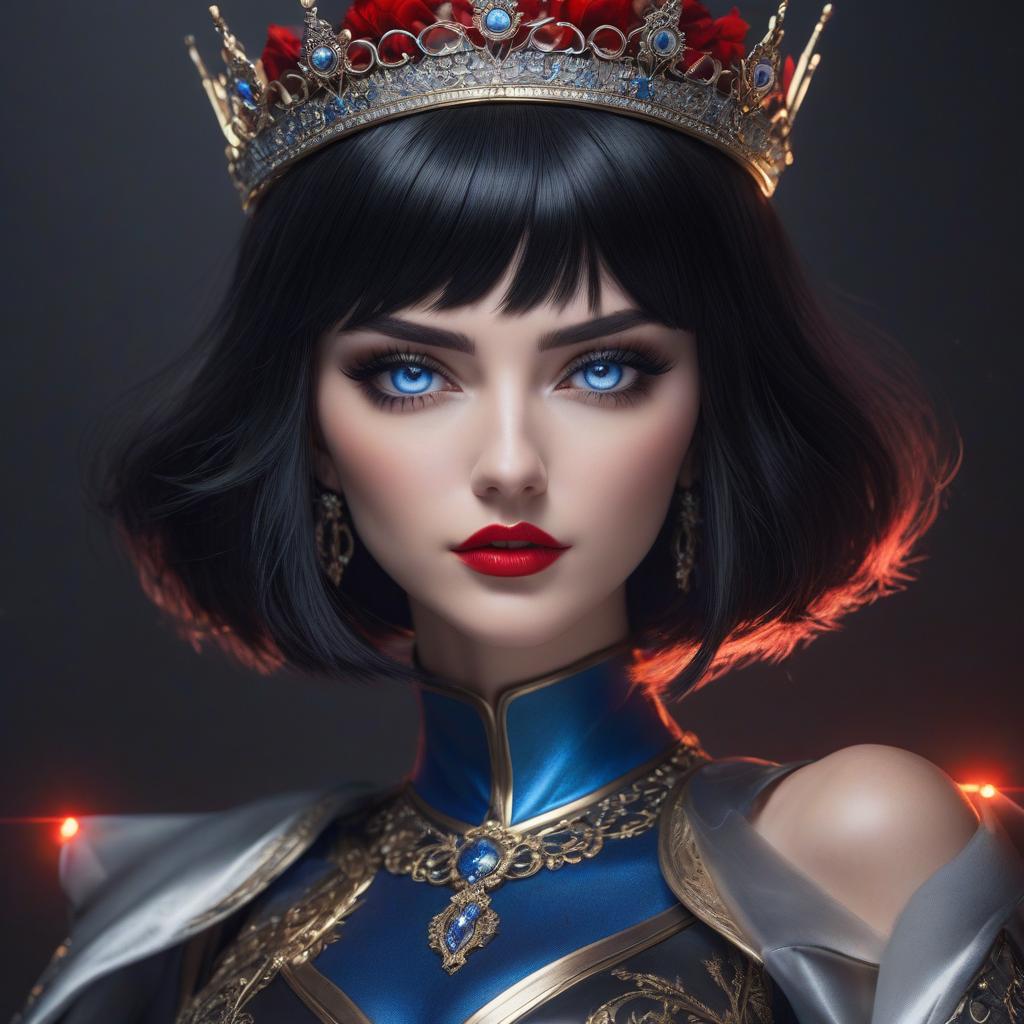  Anime style face of a girl with black short hair and blue eyes, red lips, and a crown on her head with the inscription Twitch. hyperrealistic, full body, detailed clothing, highly detailed, cinematic lighting, stunningly beautiful, intricate, sharp focus, f/1. 8, 85mm, (centered image composition), (professionally color graded), ((bright soft diffused light)), volumetric fog, trending on instagram, trending on tumblr, HDR 4K, 8K