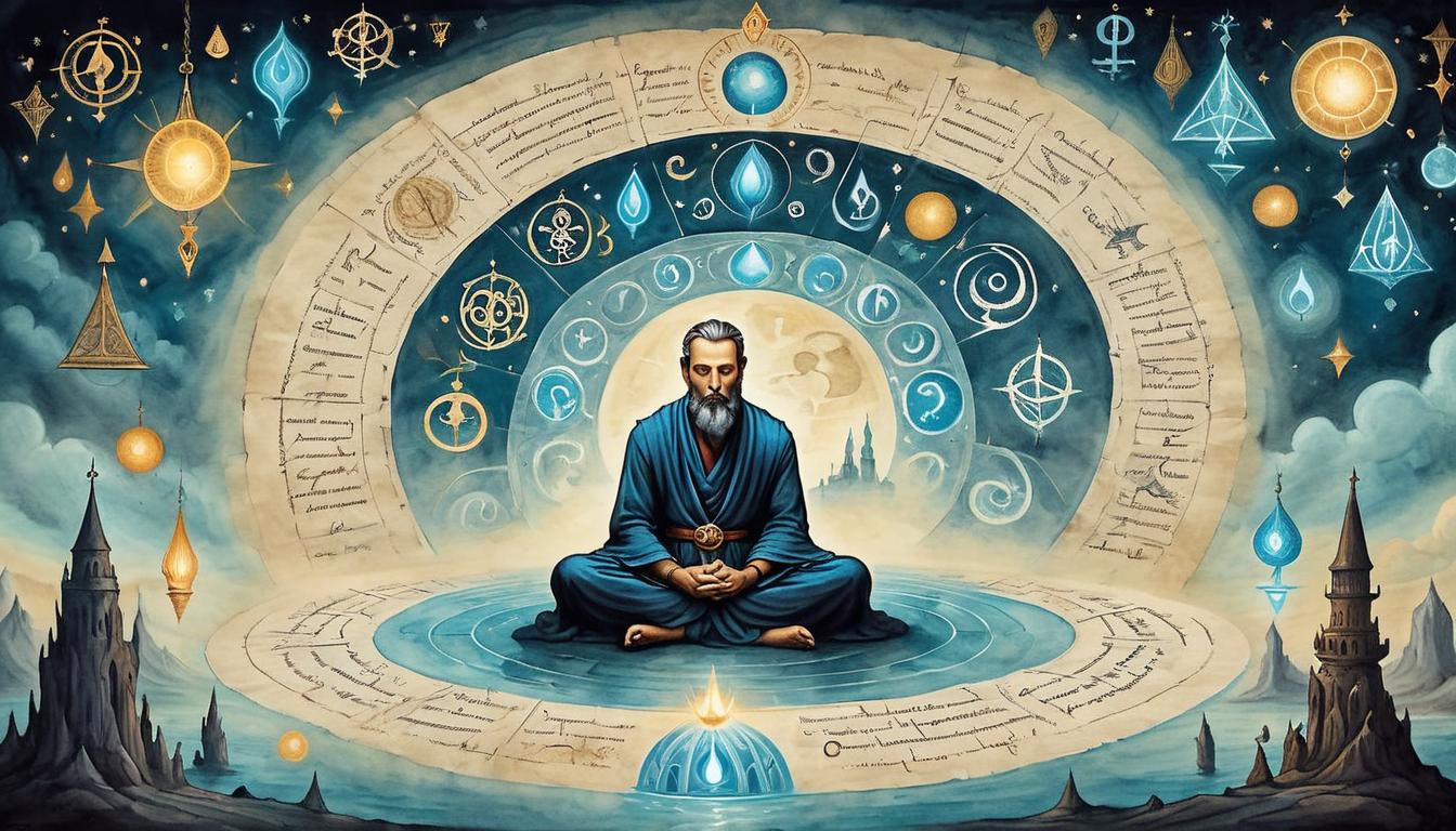  on parchment, surrealism+++, Individual in deep thought, surrounded by floating glowing symbols, aura of wisdom and insight, introspective, wise(mysterious, provocative, symbolic,muted color)+++