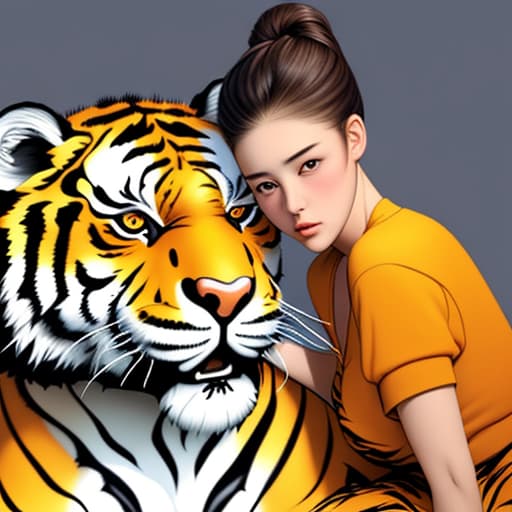  A girl with a big head and a big tiger