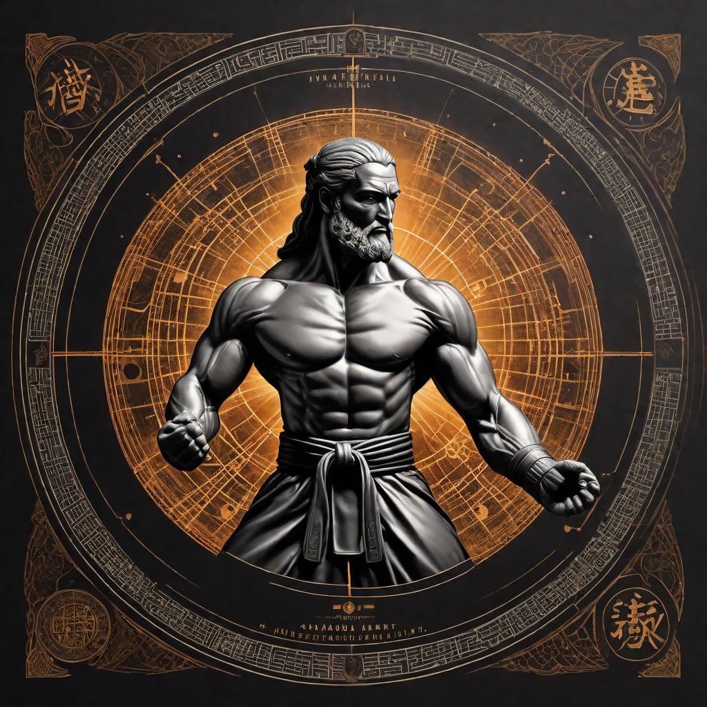  A business card design for 'Universal Martial Arts' featuring Leonardo da Vinci's Vitruvian Man with a martial arts twist. The background should be space-themed with solar planetary highlights. The Vitruvian Man should be depicted as a universal martial artist, possibly in a martial arts stance or wearing a gi. The card should integrate planets and stars, with the Vitruvian Man at the center. The front side of the card should include the 'Universal Martial Arts' name and logo. The reverse side should display contact details: name, title (e.g., Master Instructor), phone number, email, and website. Incorporate subtle design elements like yin-yang symbols, kanji characters, or martial arts belts to enhance the theme. hyperrealistic, full body, detailed clothing, highly detailed, cinematic lighting, stunningly beautiful, intricate, sharp focus, f/1. 8, 85mm, (centered image composition), (professionally color graded), ((bright soft diffused light)), volumetric fog, trending on instagram, trending on tumblr, HDR 4K, 8K