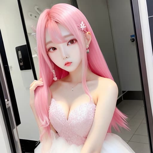  a korean girl idol with pink curved hair and white dress.