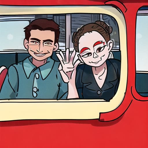  The panel is split in half. On one side, Valli smiles and waves out the window of the bus at a young boy with short brown hair riding a red bicycle alongside the bus. The boy smiles and waves back. On the other side, an elderly woman with a stern expression and a gray bun sits in the seat next to Valli. She wrinkles her nose and chews loudly on a piece of candy.