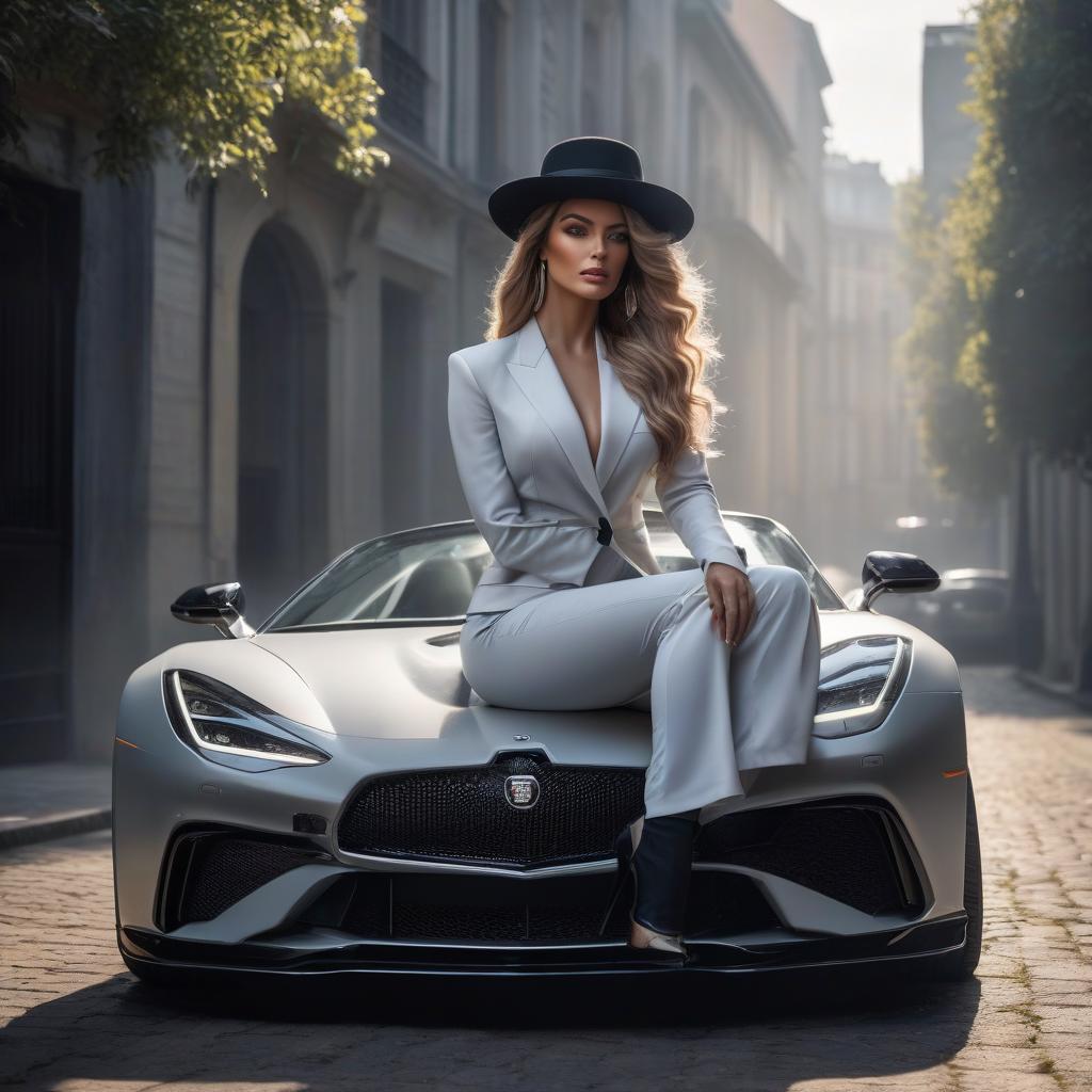  A cabriolet in gray color, a with beautiful hair, a , sits in a white trouser suit, wearing a large black bean and a hat of the same color on her head, in a realistic style. hyperrealistic, full body, detailed clothing, highly detailed, cinematic lighting, stunningly beautiful, intricate, sharp focus, f/1. 8, 85mm, (centered image composition), (professionally color graded), ((bright soft diffused light)), volumetric fog, trending on instagram, trending on tumblr, HDR 4K, 8K