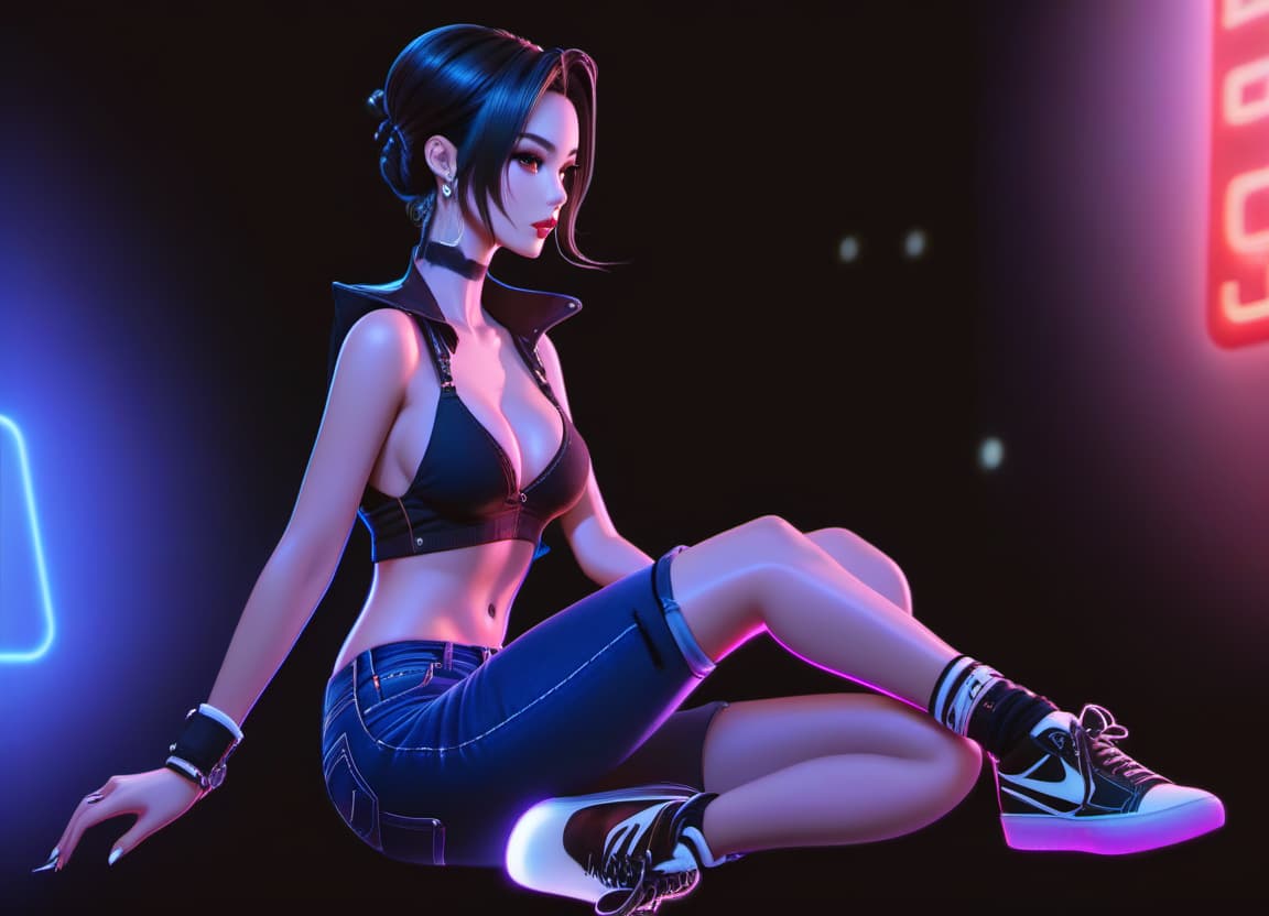  A girl is sitting, her hair tied in a bun, her dark hair in denim shorts, and white sneakers on, her profile view. hyperrealistic, full body, detailed clothing, highly detailed, cinematic lighting, stunningly beautiful, intricate, sharp focus, f/1. 8, 85mm, (centered image composition), (professionally color graded), ((bright soft diffused light)), volumetric fog, trending on instagram, trending on tumblr, HDR 4K, 8K