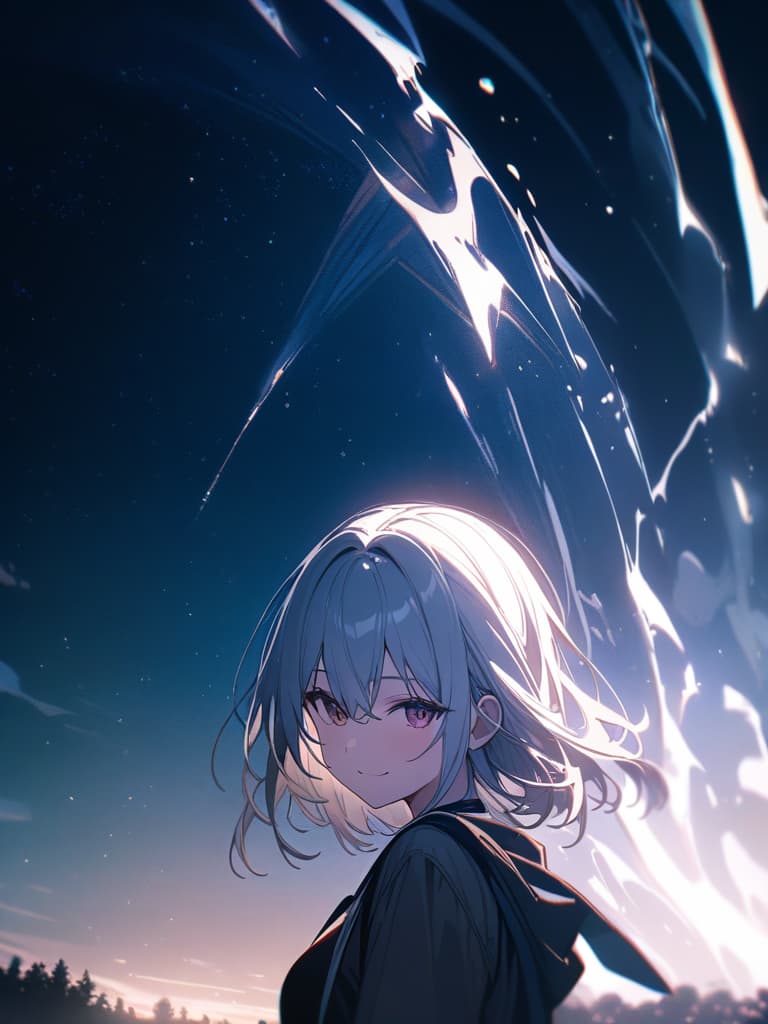  Girls, short hair, night sky, smiles, silver hair, masterpiece, best quality,8k,ultra detailed,high resolution,an extremely delicate and beautiful,hyper detail