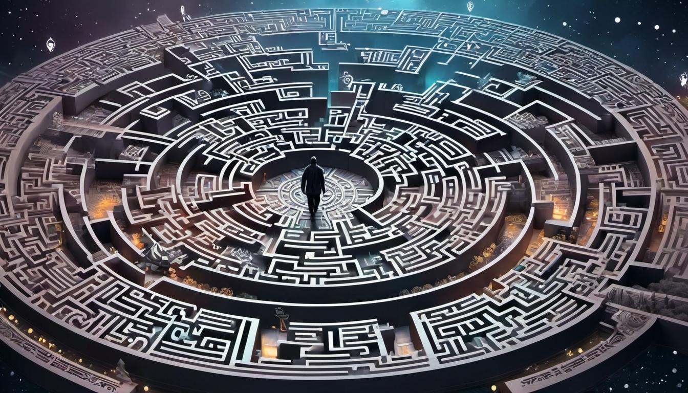  digital illustration, Human figure, floating above a maze, eyes closed, surrounded by symbols and icons representing various emotions, detached calmness, ethereal atmosphere, intricate details, muted colors, looking at viewer, dynamic pose, (intricate details, masterpiece, best quality)