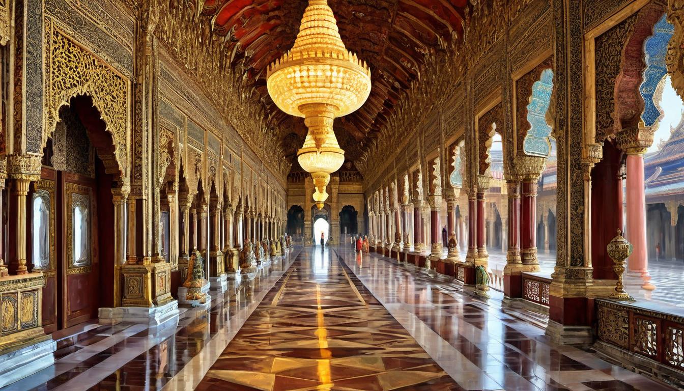  digital painting of Sprawling corridors of a grand palace, Nimrod's proclamations echoing through, people in various states of attention and emotion, awe and fear reflected on their faces, opulent, reverberating, grandiose looking at viewer, dynamic pose, (intricate details, masterpiece, best quality)