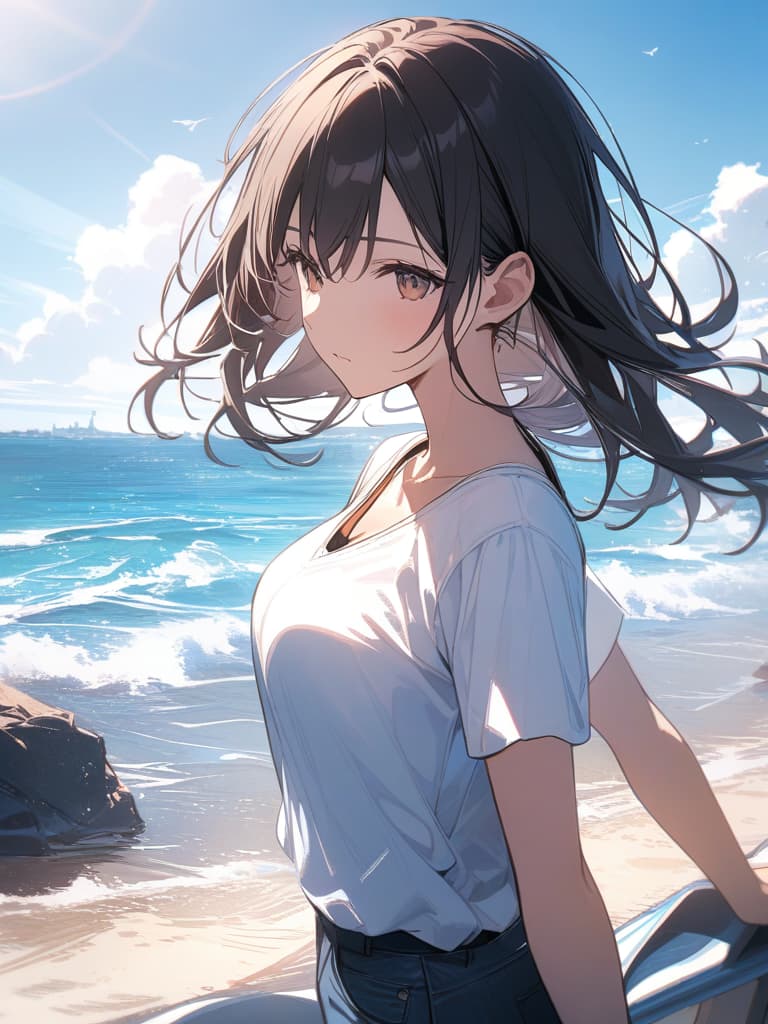  Seaside, T shirts, jeans, summer breeze, breeze, fluttering hair, looking at the sea, summer clouds, summer style clothes, black hair girl, masterpiece, best quality,8k,ultra detailed,high resolution,an extremely delicate and beautiful,hyper detail