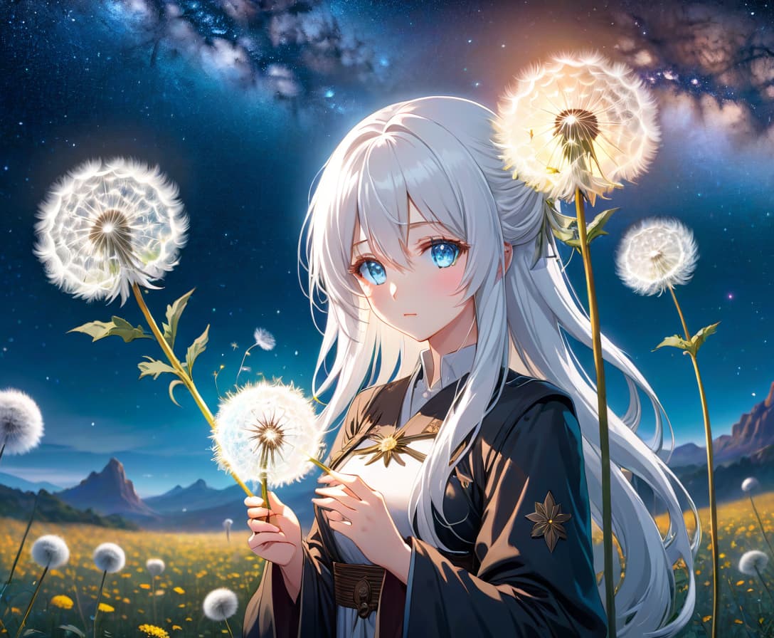  anime artwork A beautiful girl with ice blue eyes and long white hair holds a dandelion in her hands against the backdrop of the milky way. . anime style, key visual, vibrant, studio anime, highly detailed hyperrealistic, full body, detailed clothing, highly detailed, cinematic lighting, stunningly beautiful, intricate, sharp focus, f/1. 8, 85mm, (centered image composition), (professionally color graded), ((bright soft diffused light)), volumetric fog, trending on instagram, trending on tumblr, HDR 4K, 8K