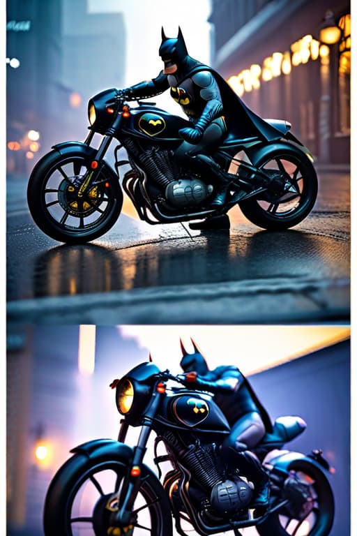  Batman bike hyperrealistic, full body, detailed clothing, highly detailed, cinematic lighting, stunningly beautiful, intricate, sharp focus, f/1. 8, 85mm, (centered image composition), (professionally color graded), ((bright soft diffused light)), volumetric fog, trending on instagram, trending on tumblr, HDR 4K, 8K