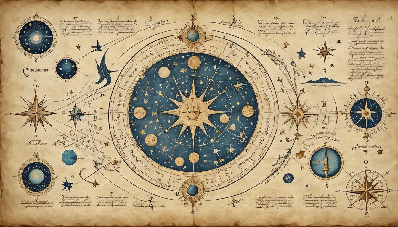  on parchment, surrealism+++, A celestial map with interconnected constellations, each star connecting to various life experiences, guiding path, sense of direction, purpose and life journey(mysterious, provocative, symbolic,muted color)+++