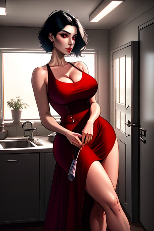  1, housewife, shortie , cute, , black hair, messy hair, red eyes, dress, short dress, bare shoulders, deep age, very large s, narrow waist, wide hips, looking at viewer, kitchen background, cooking, solo hyperrealistic, full body, detailed clothing, highly detailed, cinematic lighting, stunningly beautiful, intricate, sharp focus, f/1. 8, 85mm, (centered image composition), (professionally color graded), ((bright soft diffused light)), volumetric fog, trending on instagram, trending on tumblr, HDR 4K, 8K