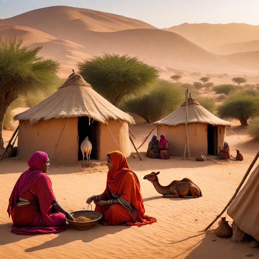  A vivid and detailed image of Mauri tribeswomen of North Africa. The scene includes women dressed in traditional, colorful garments and ornate headpieces adorned with feathers, beads, and intricate patterns. They are seen engaging in community activities like weaving, pottery, and socializing in a communal setting. The landscape features arid terrain with rugged mountains in the background and sparse vegetation typical of the North African region. Traditional huts and tents are present in the vicinity. One or two women can be seen tending to domesticated animals such as camels or goats. The atmosphere is warm and inviting, with the setting sun casting a golden hue over the scene. hyperrealistic, full body, detailed clothing, highly detailed, cinematic lighting, stunningly beautiful, intricate, sharp focus, f/1. 8, 85mm, (centered image composition), (professionally color graded), ((bright soft diffused light)), volumetric fog, trending on instagram, trending on tumblr, HDR 4K, 8K