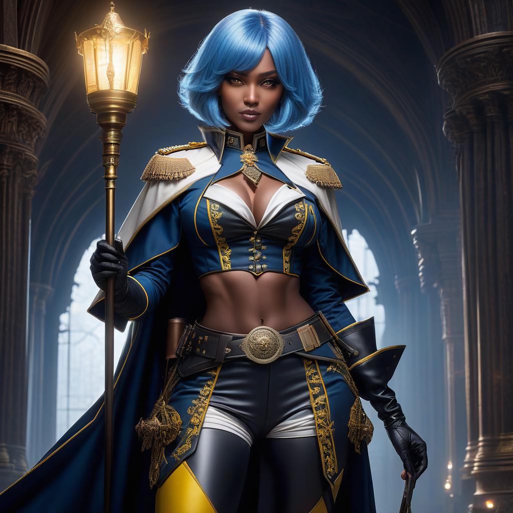  Girl, paladin, ((full body)), dark skin, blue hair, bob cut, bright yellow eyes, hourglass figure, fully clothed, military uniform, (19th century ceremonial uniform), white clothes, white cloak, ((leggings )), black boots, over the knee boots, thigh high boots, tight boots, (shako), belt, choker, epaulettes, awards, (epic pose), looking at viewer, looking down, evil grin, (extremely hyper detailed face), (masterpiece : 1.4), (perfect eyes: 1.1), (perfect hands), 2D, anime, extremely detailed clothes. hyperrealistic, full body, detailed clothing, highly detailed, cinematic lighting, stunningly beautiful, intricate, sharp focus, f/1. 8, 85mm, (centered image composition), (professionally color graded), ((bright soft diffused light)), volumetric fog, trending on instagram, trending on tumblr, HDR 4K, 8K