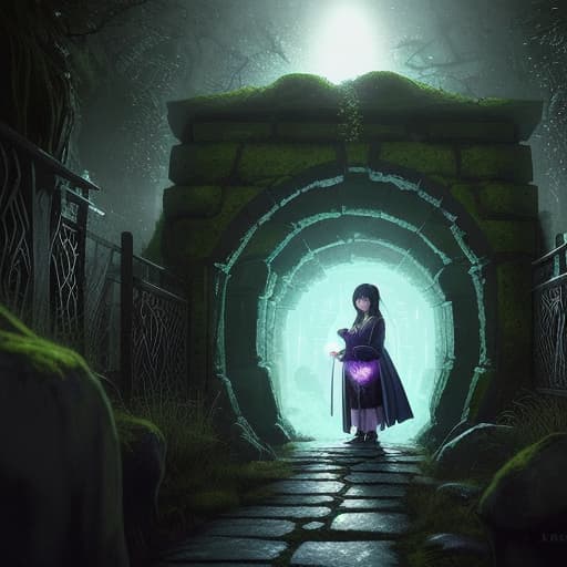  young, loli, 80's fantasy art, Hanabi Kamisato, wearing a purple kimono and cyan haori, groaning as she attempts to squeeze through a very narrow and tight hidden passage in the catacombs. The passage is barely wide enough for her, the ancient stone walls pressing against her curvy figure. The magical light from her fingertips illuminates the scene, casting shadows along the damp, moss-covered stone walls. Yuki Hibana, her silver-haired bodyguard, stands behind, ready to offer assistance if needed. The scene is lit warmly by the magical glow, with the dark, mysterious catacombs stretching away into the background.
