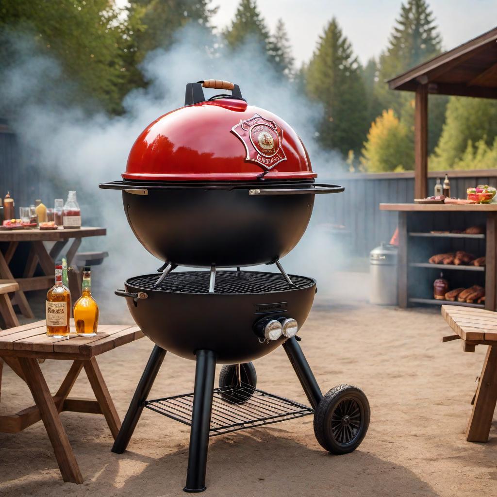  cool looking 12x12 BBQ stand that says 'Grandpa’s Grill'. The grill itself is shaped and looks like a firefighter's helmet. The background is BMX Bike racing themed. hyperrealistic, full body, detailed clothing, highly detailed, cinematic lighting, stunningly beautiful, intricate, sharp focus, f/1. 8, 85mm, (centered image composition), (professionally color graded), ((bright soft diffused light)), volumetric fog, trending on instagram, trending on tumblr, HDR 4K, 8K