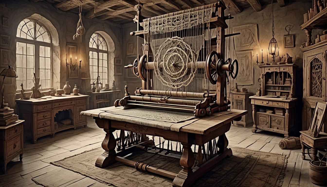  on parchment, surrealism+++, An intricate weaving loom, threads forming a complex, twisted pattern, dimly lit room with old, worn furniture, manipulation, prioritization, caution and mystery(mysterious, provocative, symbolic,muted color)+++