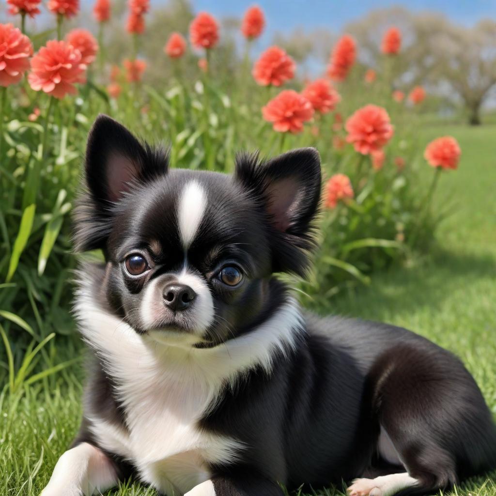  A small black Pomeranian mixed with Boston Terrier, featuring the fluffy fur and pointed ears of a Pomeranian with the face and build resembling a Boston Terrier. The dog has a cheerful expression and is sitting on a green grassy field with a bright blue sky in the background. It has smaller black paws and no white fur at all. hyperrealistic, full body, detailed clothing, highly detailed, cinematic lighting, stunningly beautiful, intricate, sharp focus, f/1. 8, 85mm, (centered image composition), (professionally color graded), ((bright soft diffused light)), volumetric fog, trending on instagram, trending on tumblr, HDR 4K, 8K