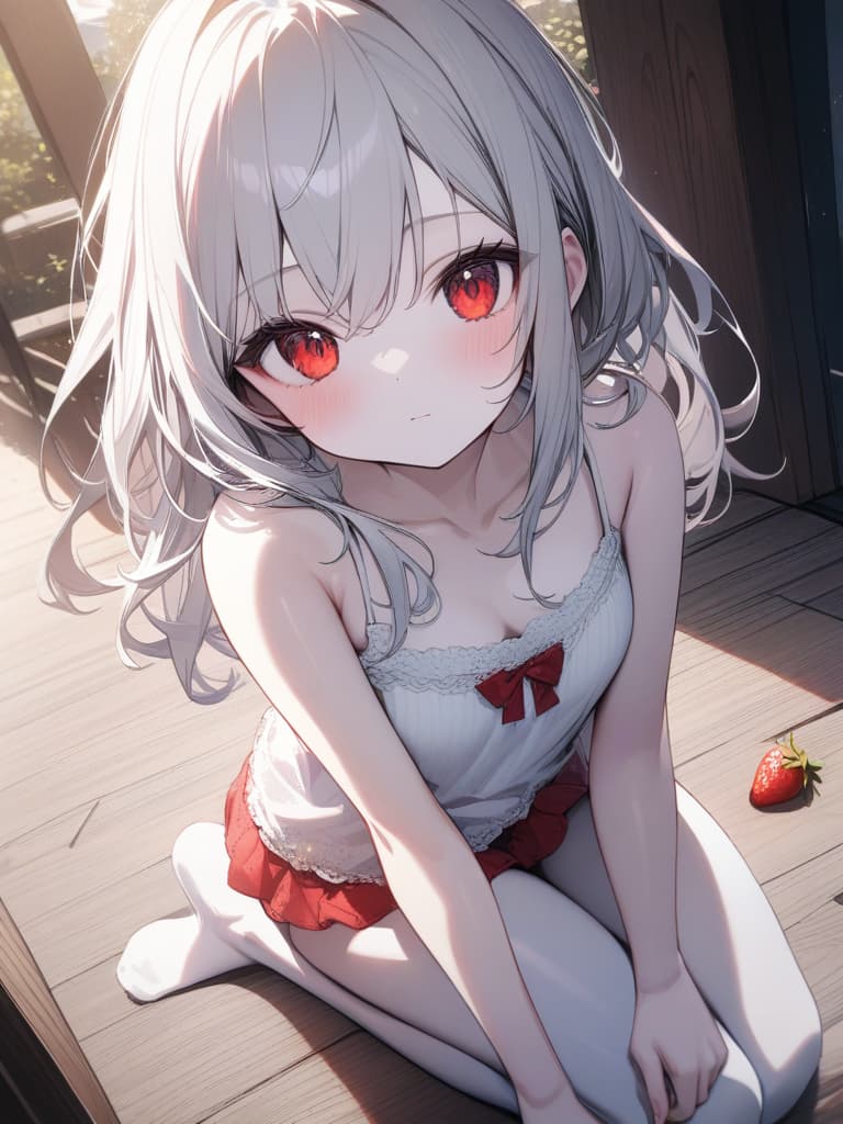  Cute, , white skin, thin body, fluffy hair, , camisole, strawberry, fruit, white hair, young face, long hair, bright red eyes, masterpiece, best quality,8k,ultra detailed,high resolution,an extremely delicate and beautiful,hyper detail