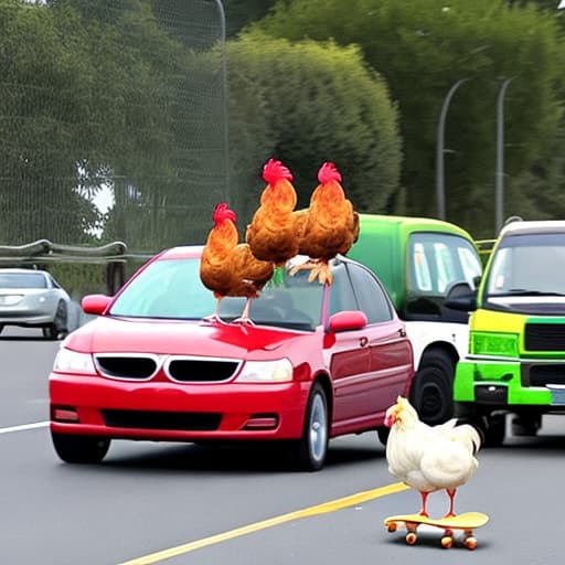  2 chickens dancing on their skateboards in heavy car traffic. motorists are laughing. the one skateboard is red and the other is green.