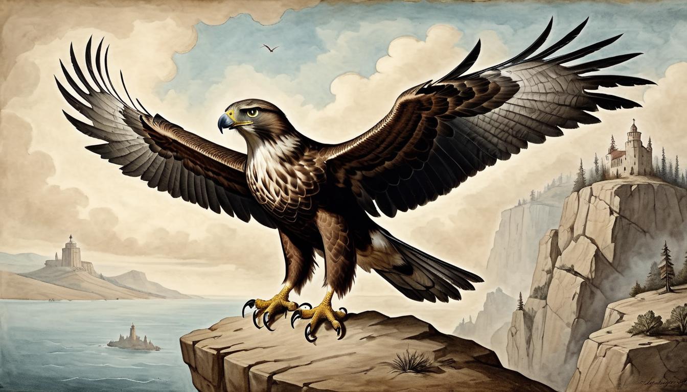  on parchment, surrealism+++, A vigilant hawk perched atop a high cliff, sharp eyes scanning the horizon, sense of watchfulness and discernment(mysterious, provocative, symbolic,muted color)+++