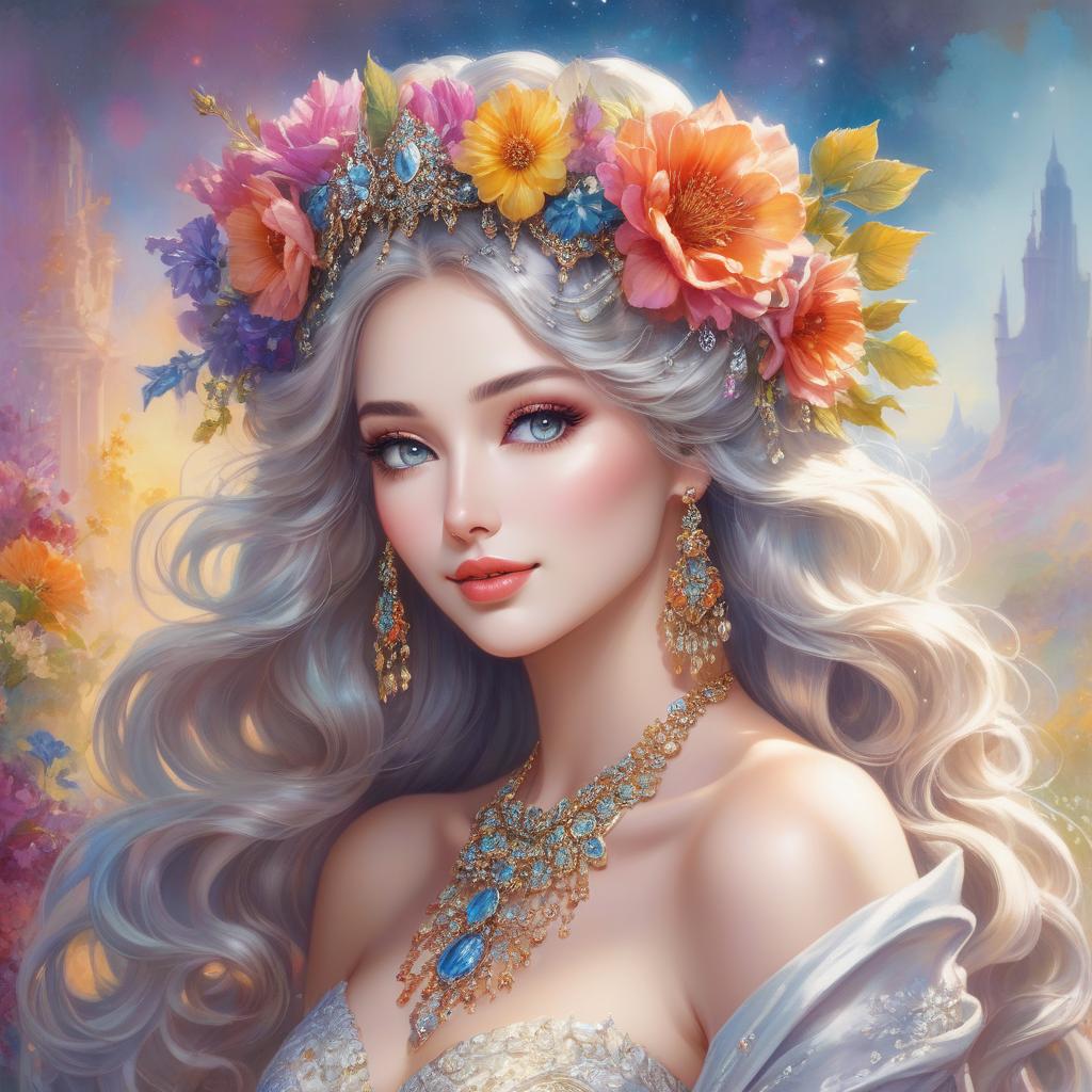  concept art A portrait of a woman with a flower crown and bejeweled accessories against a soft, colorful background. Watercolor in the style of Josephine Wall, Tomasz Allen Kopera, Dariusz Zawadzki, Andreja Peklar, Ivan Shiskine,Create an image of a young woman with a radiant and cheerful expression. Her skin is smooth with a fair complexion. She has large, captivating eyes with a gentle gaze and well defined eyebrows. Her full lips curve into a warm, inviting smile that enhances her approachable aura. Her hair is voluminous and flows in luxurious, well defined waves, cascading around her face and shoulders. The hair color is a soft, monochromatic hue that harmonizes with the colour tone of the image, giving an overall classical and timeles hyperrealistic, full body, detailed clothing, highly detailed, cinematic lighting, stunningly beautiful, intricate, sharp focus, f/1. 8, 85mm, (centered image composition), (professionally color graded), ((bright soft diffused light)), volumetric fog, trending on instagram, trending on tumblr, HDR 4K, 8K